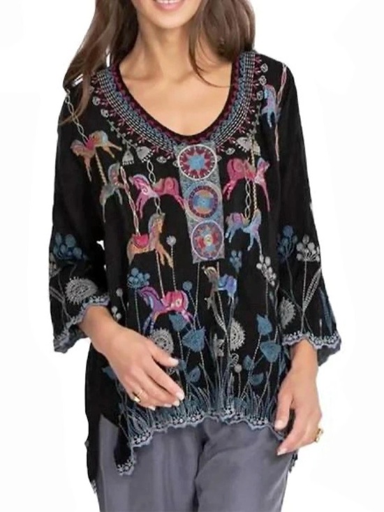 Johnny Was Tops - Johnny Was Carousel Horse Embroidered Tunic Blouse Black Medium Boho XL